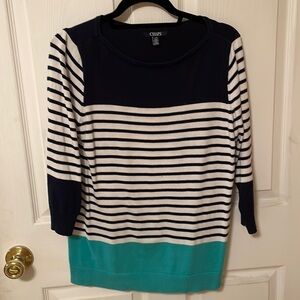 Chaps Navy, white and green 3/4 length sleeve sweater.